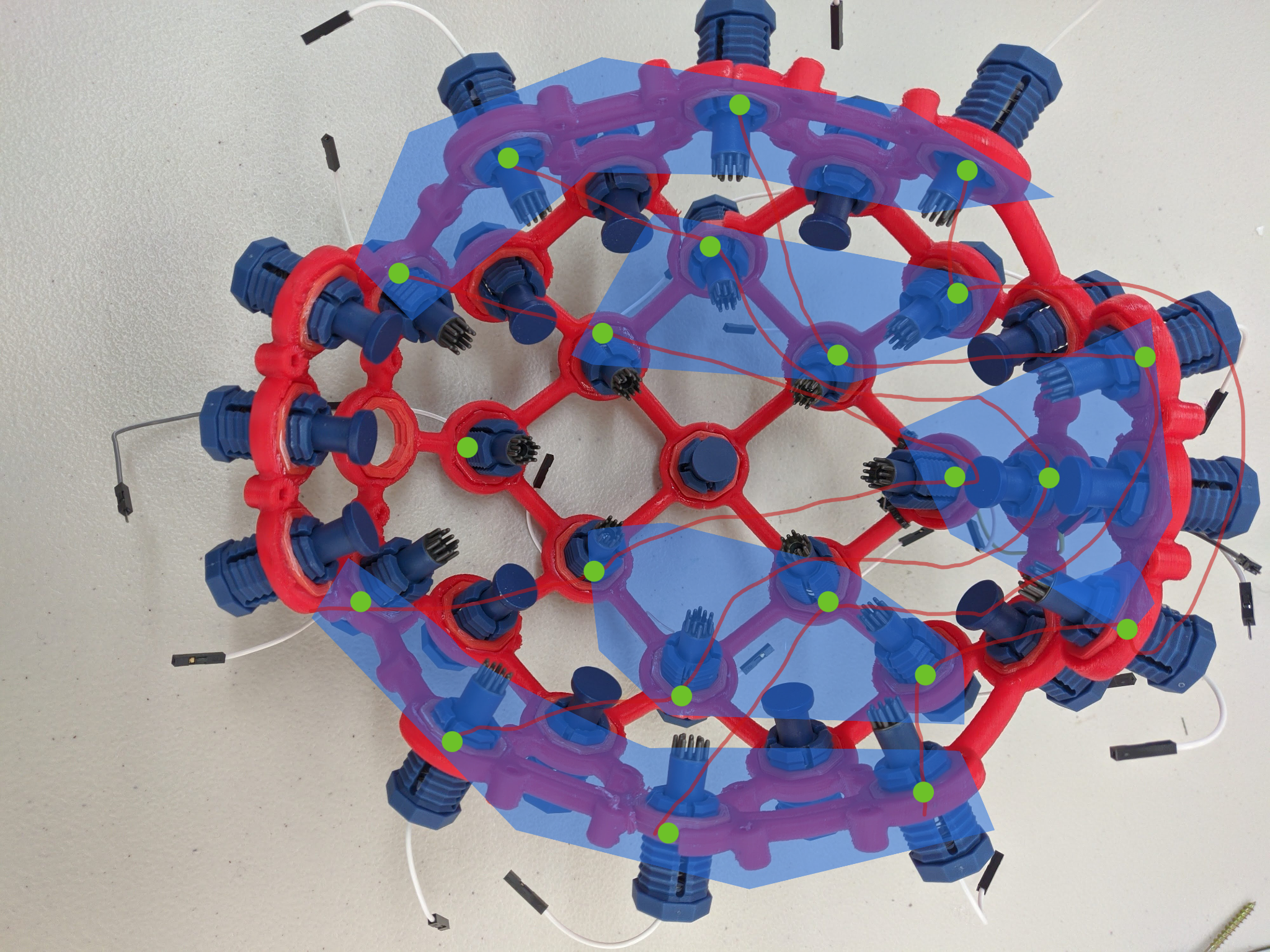 Headset Wiring Diagram, showing the 20 probes being broken up into 5 groups with 4 lines running through them, making a grid of probes.